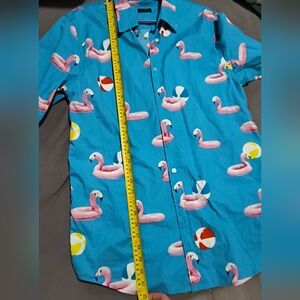 Bright blue Flamingo Print casual beach vacation Button-Up Shirt